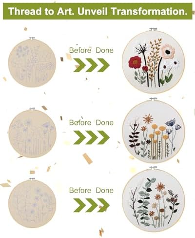 Santune 3 Sets Embroidery Kit,Cross Stitch Kits for Beginners,Needlepoint Kits for Adults with Easy Floral Pattern Hand Crafts,Hoop,Needle,Mothers Day Gifts