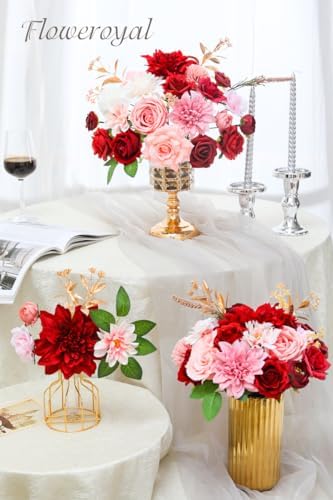 Floweroyal Artificial Flowers Combo Red Flowers Mix Silk Flowers Dahlia Roses with Stems for DIY Wedding Bridal Bouquets, Baby Shower, Floral Arrangement, Table Centerpieces, Home Decorations.