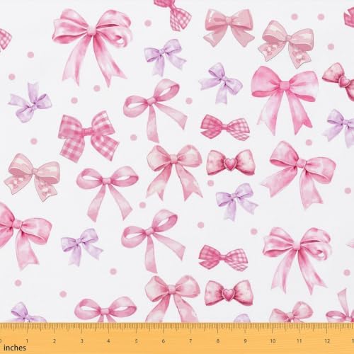 Pink Bow Upholstery Fabric for Chairs | Dreamy Princess Style Bowknot Fabric by The Yard 109"x63", Ribbon Plaid Bow Love Hearts Outdoor Fabric,Cute Room Decor Aesthetic Kawaii