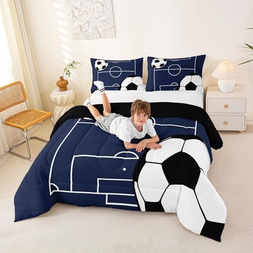 Boys Football Comforter Set Toddler Size Soccer Ball Pattern Down Comforter for Kids Teens Game Room Decor Sports Theme Football Court Bedding Set Polyester Quilt Set with 1 Pillowcase, White