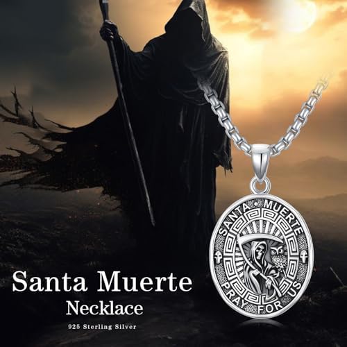 Santa Muerte Necklace for Men Sterling Silver Owl Skull Grim Reaper Pendant Heart Crystal Oxidation Skull Holy Death Scythe Aumelt Charm Necklace Jewelry Gifts for Father's Day Halloween Christmas
