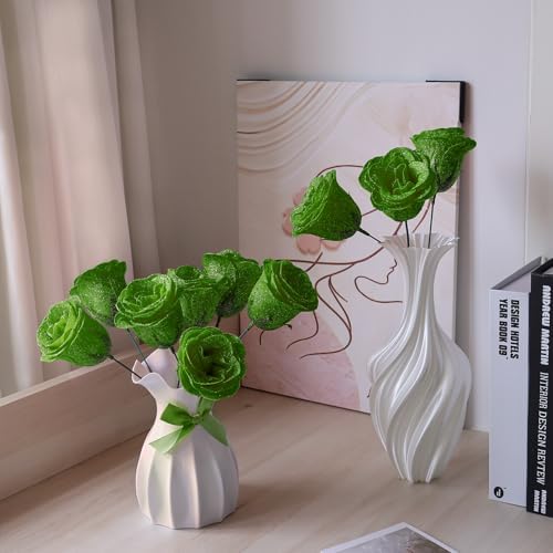 Green Glitter Flowers Bouquet, Fake Roses Bouquet 24 Pcs DIY Glitter Rose Bouquet Kits Birthday Gifts for Women Mom Mother's Day Anniversary Graduation