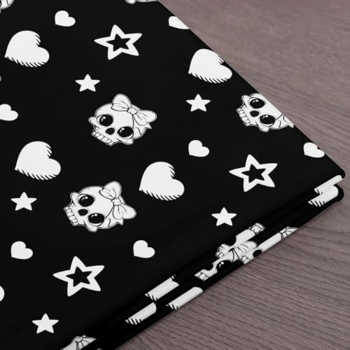 Cute Skull Fabric by The Yard,Star Love Bowknot Indoor Fabric,Cartoon Halloween Skeleton Soft Polyester No Stretch Fabrics Kids Girls Sewing Lovers,Black and White 1 Yard 36"x59"
