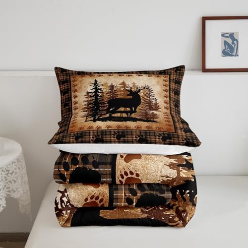 Castle Fairy Deer Bear Plaid Comforter Set Twin Size,Animal Hunting Bear Print Bedding Set for Kids Boys Men,Pine Trees Rustic Retro Grid Quilted Duvet Set with 1 Pillowcase