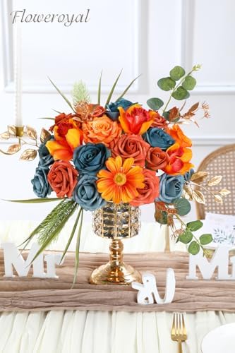 Floweroyal Artificial Flowers Combo Orange Flowers Mix Silk Flowers Fake Roses with Stems for DIY Wedding Bridal Bouquets, Baby Shower, Floral Arrangement, Table Centerpieces, Home Decorations