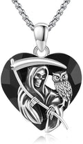 Santa Muerte Necklace for Men Sterling Silver Owl Skull Grim Reaper Pendant Heart Crystal Oxidation Skull Holy Death Scythe Aumelt Charm Necklace Jewelry Gifts for Father's Day Halloween Christmas