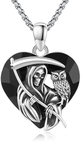 Santa Muerte Necklace for Men Sterling Silver Owl Skull Grim Reaper Pendant Heart Crystal Oxidation Skull Holy Death Scythe Aumelt Charm Necklace Jewelry Gifts for Father's Day Halloween Christmas