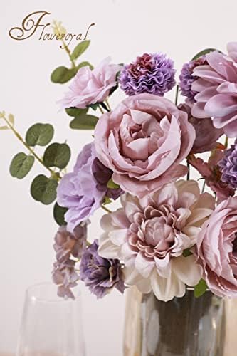 Floweroyal Artificial Flowers Combo Purple Flowers Mix Silk Flowers Dahlia Roses with Stems for DIY Wedding Bridal Bouquets, Baby Shower, Floral Arrangement, Table Centerpieces, Home Decorations.