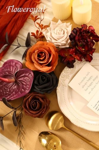 Floweroyal Halloween Artificial Flowers Black Flowers Mix Silk Flowers Fake Roses with Stems for DIY Wedding Bridal Bouquets, Baby Shower, Floral Arrangement, Table Centerpieces, Home Decorations