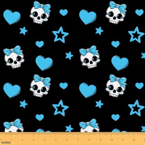 Cute Skull Fabric by The Yard,Hearts Stars Bowknot Indoor Outdoor Fabric,Halloween Theme Skeleton Soft Polyester No Stretch Fabrics Kids Girls Sewing Lovers,Black Blue 10 Yards 360"x59"
