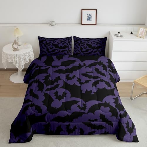 Castle Fairy Halloween Themed Bedding Comforters Queen Size,Black Bats Animal Print Comforter Set with 2 Pillowcases,Dark Purple Color 3pcs Children Adult Duvet Set,Soft