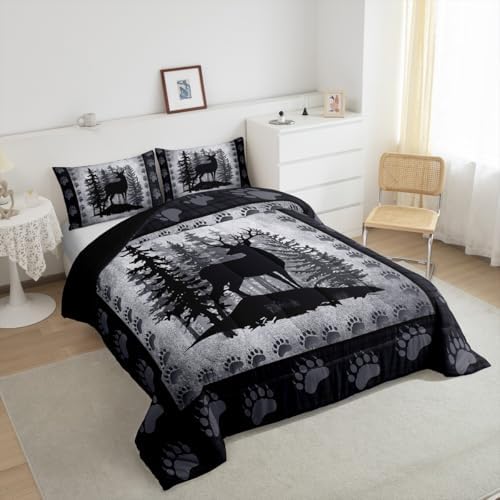 Rustic Deer Full Size Kids Comforter Set,Wild Animal Hunting Lodge Decor Bedding Comforters Bear Paw Print Bedroom Collection,Retro Farmhouse Pine Trees Grid Plaid Bedding Set for Boys Teens