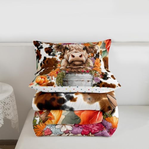 Highland Cattle Cup Comforter Set for Kids Adults,Retro Cow Skin Farmhouse Animal Soft Bedding Comforter Sets Twin,Watercolor Wild Flowers Rustic Style Quilt Comforter with 1 Pillowcase