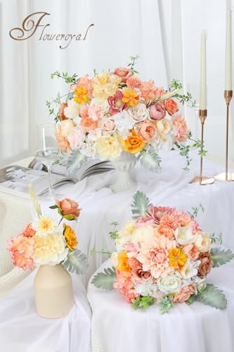 Floweroyal Artificial Flowers Combo Champagne Flowers Mix Silk Flowers Dahlia Roses with Stems for DIY Wedding Bridal Bouquets, Baby Shower, Floral Arrangement, Table Centerpieces, Home Decorations.