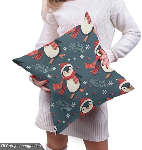 Lunarable Christmas Fabric by The Yard, Xmas Time with Happy Penguins with Hats Scarves Pine Leaves and Snowflakes, Decorative Fabric for Upholstery and Home Accents, 1 Yard, Grey Teal Beige