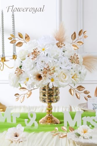Floweroyal Artificial Flowers Combo Pure White Flowers Mix Silk Flowers Fake Roses with Stems for DIY Wedding Bridal Bouquets, Baby Shower, Floral Arrangement, Table Centerpieces, Home Decorations.