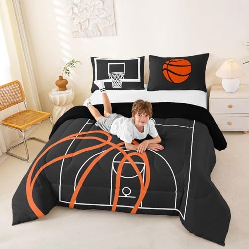Castle Fairy Basketball Court Print Bedding Set for Boys Girls,Ball Sports Games Themed All Season Cozy Comforter Set Full Size,Orange Basketball and Hoop Duvet Set Home Decor,Children Birthday Gift