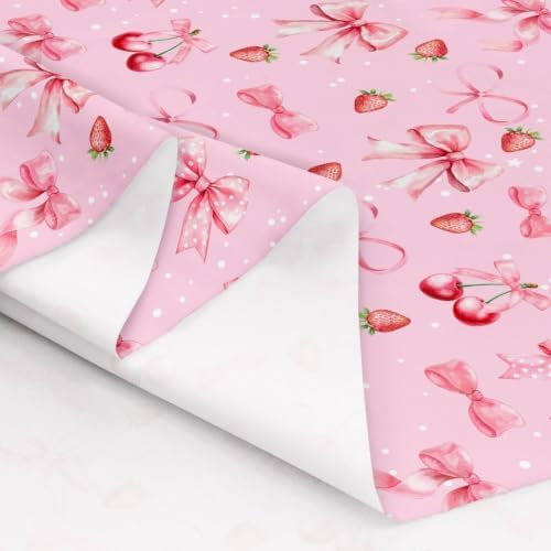 Pink Cherry Bow Upholstery Fabric for Chairs | Strawberry Fabric by The Yard 362"x63", Cute Ribbon Bowknot Kawaii Fruit Princess Bow Tie Outdoor Fabric