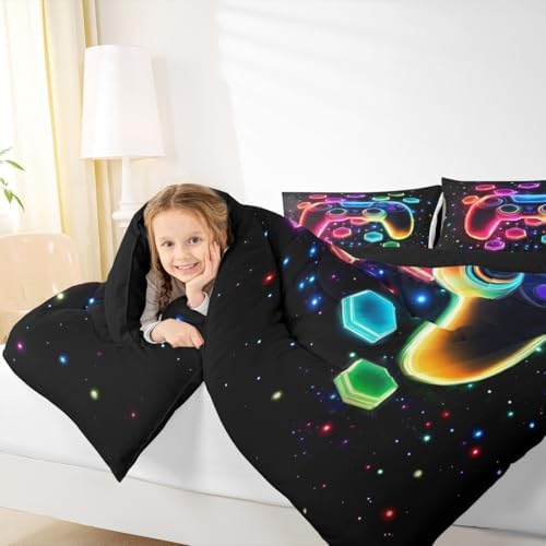 Game Consoles Kids Boys Reversible Comforter Set Queen Size,Gaming Bedding Sets Gamer Room Decor Gifts Galaxy 3D Neon Honeycomb Video Games Polyester Quilt Set,2 Pillowcases (Red Green Blue)