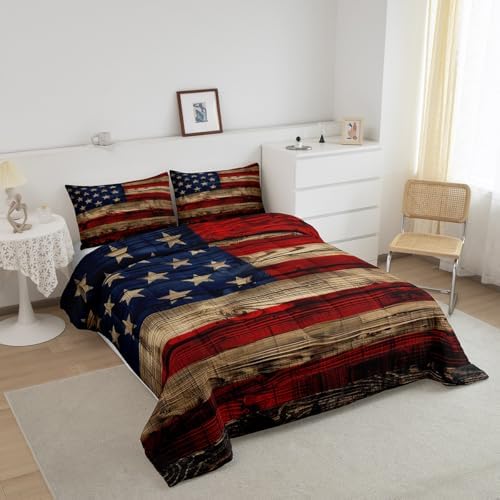 Castle Fairy American Flag Quilt Set Full Size, Brown Wooden Board Country Retro Farmhouse Natural Style Comforter Set for Girls Teens Bedroom Present, Microfiber Bedding Set with 2 Pillowcases