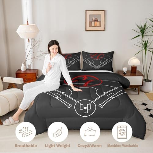 Baseball Field Print Bedding Set King Size,Boys Ball Sports Games Themed Comforter Set Room Decor for Home,Red Baseball Bat Sporting Equipment Microfiber Down Comforter,with 2 Pillowcases