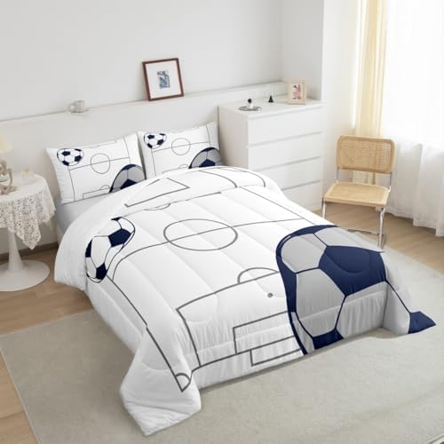 Kids Football Comforter Set Queen Size Soccer Ball Pattern Comforter for Boys Girls Teens Bedroom Sports Theme Bedding Set Breathable Football Court Duvet Set 2 Pillowcases Polyester Quilt Set