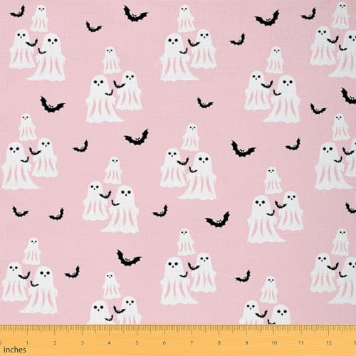 Feelyou Happy Halloween Soft Flannel Fabric by The Yard Kids 3 Yards Cute Ghost Black Bat Animal Upholstery Fabric Pink Spooky Trick or Treat for Home DIY Projects, Indoor Decor