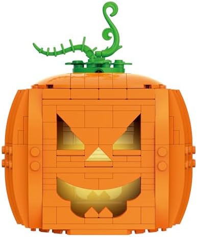 Brickcraft Brick O’-Lantern Building Kit, 233 Pieces | Halloween Pumpkin Decoration with 3 Interchangeable Faces & 2 Flickering Light Bricks | DIY Fall & Thanksgiving Jack-O’-Lantern Gift, Ages 8+