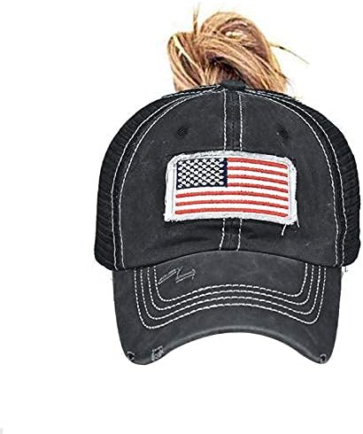 Distressed Ponytail Hat for Women American-Flag Pony Tail Caps High Bun