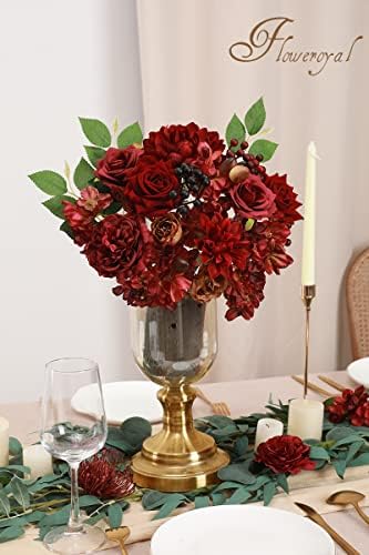 Floweroyal Artificial Flowers Combo Burgundy Flowers Mix Silk Flowers Dahlia Roses with Stems for DIY Wedding Bridal Bouquets, Baby Shower, Floral Arrangement, Table Centerpieces, Home Decorations.