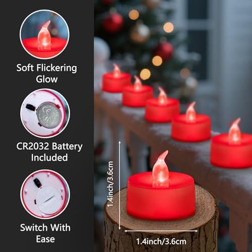 Tea Lights Battery Operated Candles LED Tea Lights Flameless Candles 200+ Hours Flickering Fake Tealights for Sweetest Day Wedding Home Decorations Party (Red Base, 12 Pack)