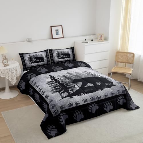 Castle Fairy Bear Print Full Size Kids Comforter Set,Wild Animal Bedding Comforters Pine Trees Retro Bedroom Collection,Rustic Farmhouse Grid Plaid Hunting Cabin Decor Bedding Set for Man Adult, Grey
