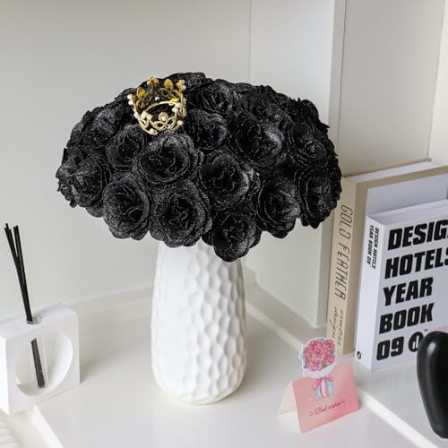 CCYXSHOW DIY Glitter Roses Bouquet Black 36 Fake Rose Glitter Bouquet Artificial Eternal Floral Bouquets for Halloween Elegance Wedding Bouquets Anniversary Birthday Graduation Gifts