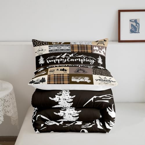 Castle Fairy Happy Camping Comforter Set King Size,RV Camper Adventure Tent Patchwork Bedding Set All Season Quilt Set,Rustic Farmhouse Lake Cabin Brown Check Microfiber Polyester Down Comforter