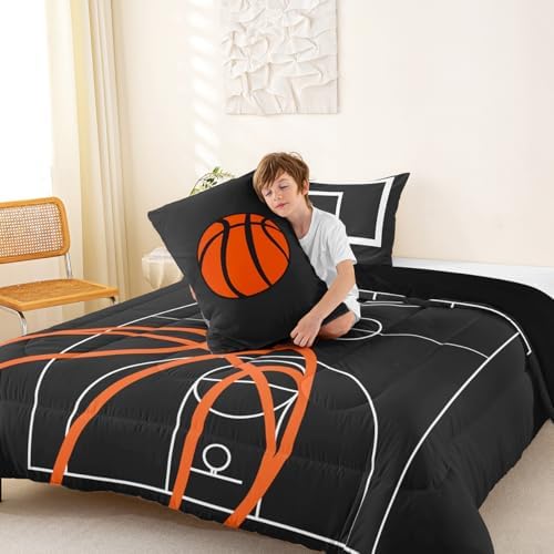 Castle Fairy Basketball Court Print Bedding Set for Boys Girls,Ball Sports Games Themed All Season Cozy Comforter Set Full Size,Orange Basketball and Hoop Duvet Set Home Decor,Children Birthday Gift