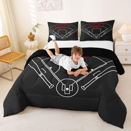 Baseball Field Print Comforter Set Full Size,Boys Ball Sports Games Themed Bedding Comforters Bedroom Decor,Red Baseball Bat Sporting Equipment Duvet Set with 2 Pillowcases,for Girls Teens