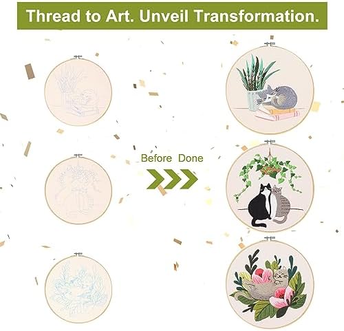 Santune 3 Pack Embroidery Kit for Beginners with Pattern, Cross Stitch Kits for Adults with Instructions,Needlepoint Kits for Adults Include 1 Embroidery Hoops,Color Threads and Needles(Cat)