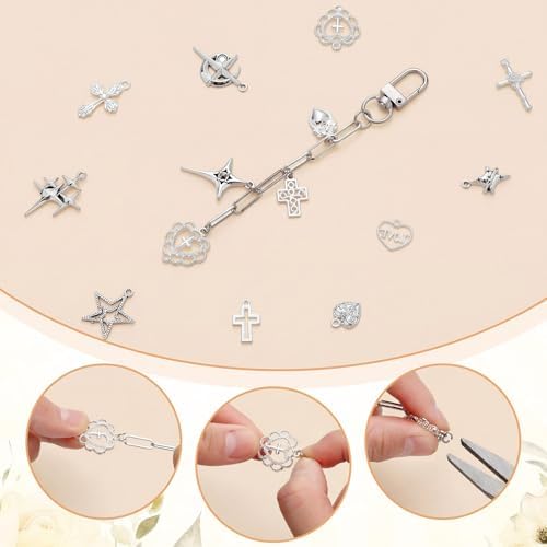 Tondiamo 266 Pcs DIY Keychain Making Kit Charm Jewelry Chain Making Crafts with 120 Charms 20 Keychain Clips 120 Jump Rings 25 Extender Chain and Plier for Women Bag Gift(Gothic, Silver)