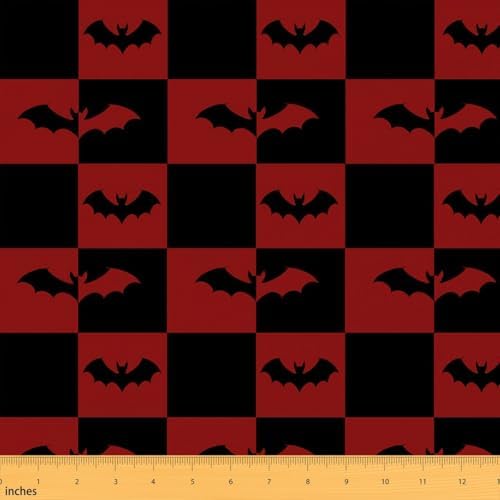 Bats Silhouette Fabric by The Yard Halloween Theme Animal Soft Polyester Sewing Fabric Black Red Checkered No Stretch Durable Material for DIY Art Craft Making 3 Yard Bolt,108" L x 59" W