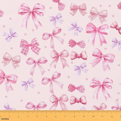 Kawaii Bow Tie Upholstery Fabric for Chairs | Dreamy Princess Style Bowknot Outdoor Fabric by The Yard 109"x63", Cute Ribbon Plaid Bow Kawaii Landscape Fabric,Light Pink Room Decor Aesthetic
