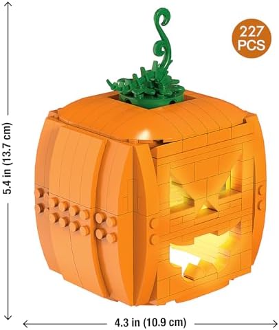Brickcraft Brick O’-Lantern Building Kit, 233 Pieces | Halloween Pumpkin Decoration with 3 Interchangeable Faces & 2 Flickering Light Bricks | DIY Fall & Thanksgiving Jack-O’-Lantern Gift, Ages 8+