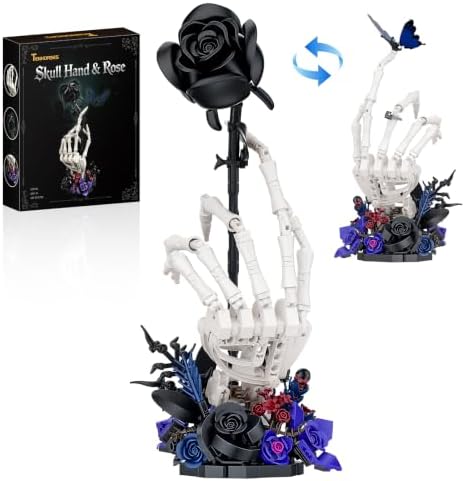 Halloween Skull Hand Rose Building Set, Gothic Skull Hand Display Model