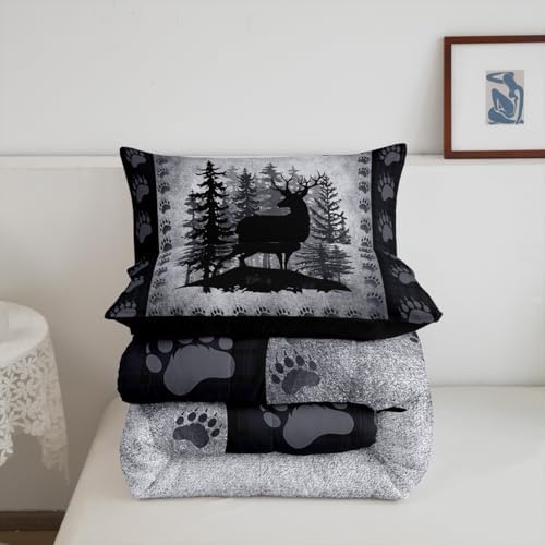 Castle Fairy Rustic Deer Plaid Kids Comforter Set Toddler Size Wild Animal Hunt Cabin Decor Bedding Set for Boys Bedroom Pine Trees Farmhouse Country Grid Quilt Set with 1 Pillowcase, Polyester