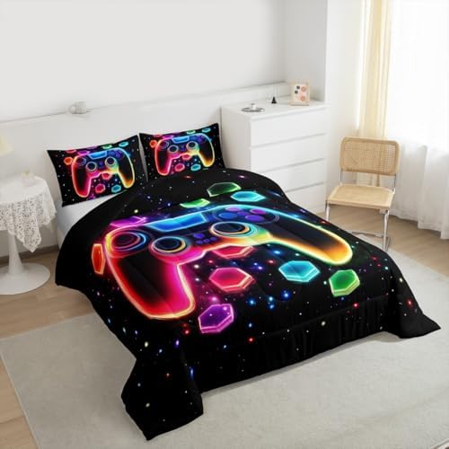 Game Consoles Kids Boys Reversible Comforter Set Twin Size,Gaming Bedding Sets Gamer Room Decor Gifts Galaxy 3D Neon Honeycomb Video Games Polyester Quilt Set,1 Pillowcase (Red Green Blue)
