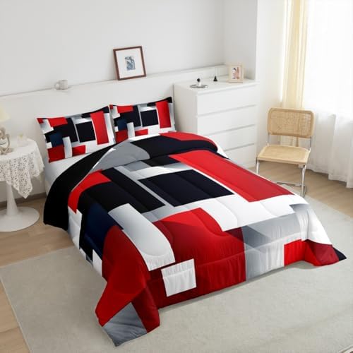 Kids 3D Geometric Comforter Set Twin Size,Red Black Grey Abstract Square Quilt Set for Kids Boys Bedroom Decor Xmas Gift,Colorful Plaid Print Polyester Bedding Set with 1 Pillowcase, 2 Piece