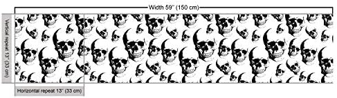 Lunarable Skull Fabric by The Yard, Skulls Pattern Monochrome Detailed Sketch Human Skeleton Head Fear Halloween Theme, Decorative Fabric for Upholstery and Home Accents, 1 Yard, White Black