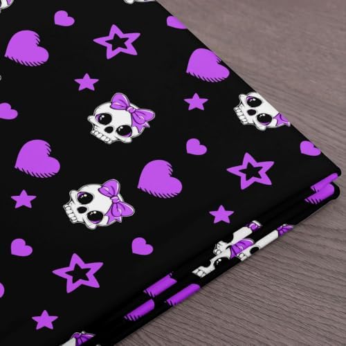Skull Bowknot Fabric by The Yard,Star Love Bowknot Halloween Indoor Outdoor Fabric,Gothic Cartoon Soft Polyester No Stretch Fabrics Kids Girls Sewing Lovers,Black Purple 5 Yards 180"x59"