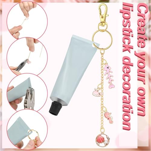 VioraWhite 213 Pcs Keychain Making Kit Bag Charm Kit Lip Gloss Key Chain 100 Pink Enamel Charms 32.81 ft Gold Chains for Galentines DIY Crafts Women(Elegant)