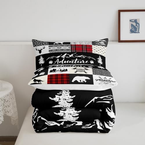 Castle Fairy Deer Antlers Comforter Set Queen Size,Bear Pine Wolf Hunting Camper Bedding Set for Women Adult,Adventure Rustic Farmhouse Red Plaid Luxury Bed Duvet Insert, 2 Pillowcases