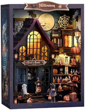 Book Nook Kit Halloween Mini House Kit - 3D Wooden DIY Castle with LED Lights, Spooky Bookshelf Decor for Teens and Adults